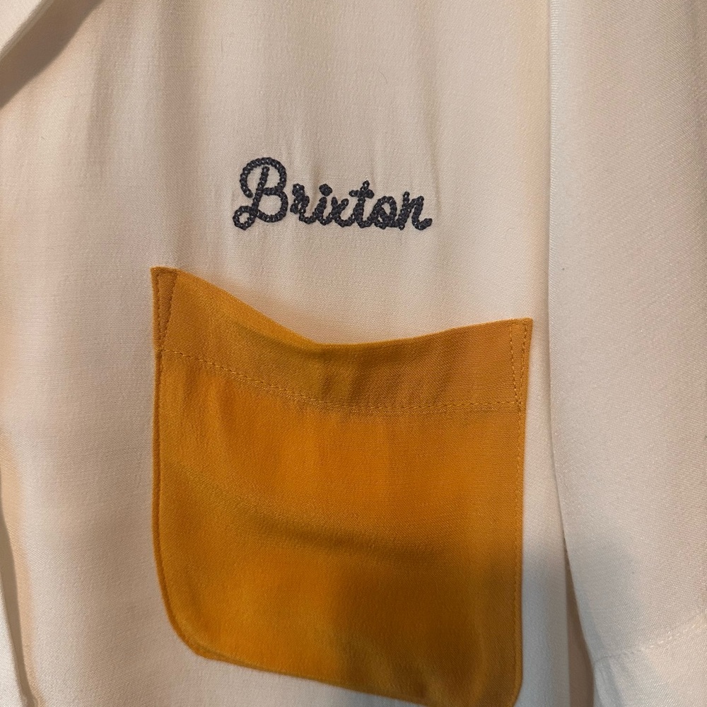 Brixton Cream Short Sleeve Button-Up with Mustard Collar & Pocket - Picture 2 of 11